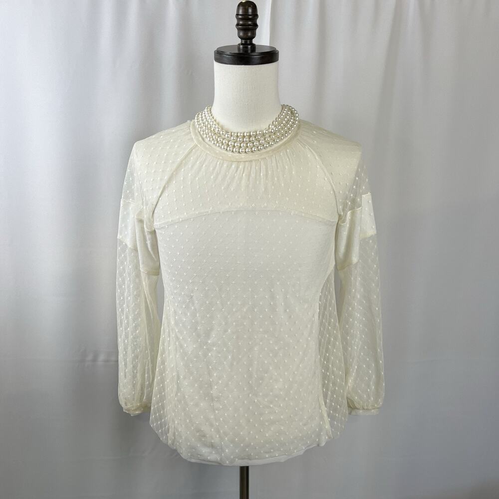 BCBG MAXAZRIA Sheer long sleeve ivory blouse size M Swiss Dot NWT $158